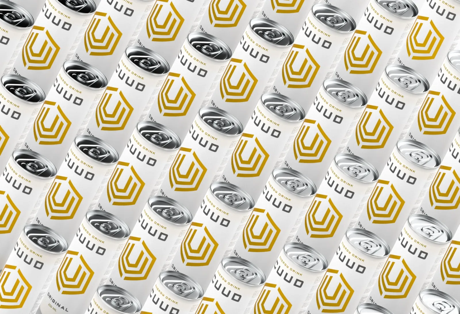 Wzór z powtarzających się puszek CUUD — naturalny napój energetyczny 250 ml ułożony po przekątnej